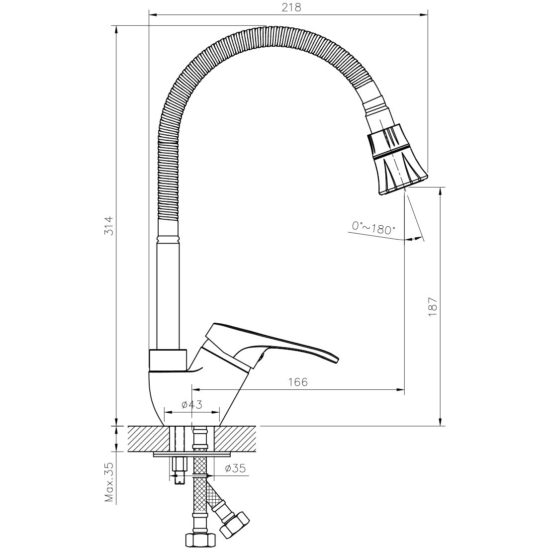 Смеситель для кухни Rossinka (Росинка) B35-26 хром с гибким изливом