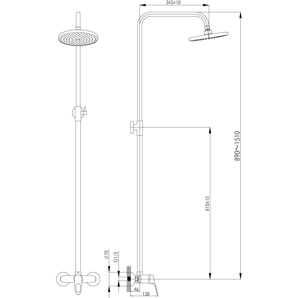 Смеситель для душа Rossinka (Росинка) B35-44 хром с регулируемой высотой штанги и лейкой ″Тропический дождь″