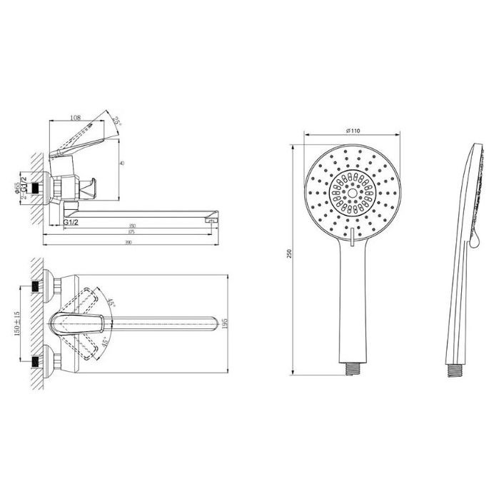 Смеситель для ванны с длинным поворотным изливом Rush (Раш) Nevis (NE1735-51Black) черный