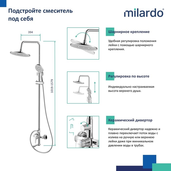 Смеситель Milardo для ванны с верхним душем глянцевый хром Rora RORSB4FM06