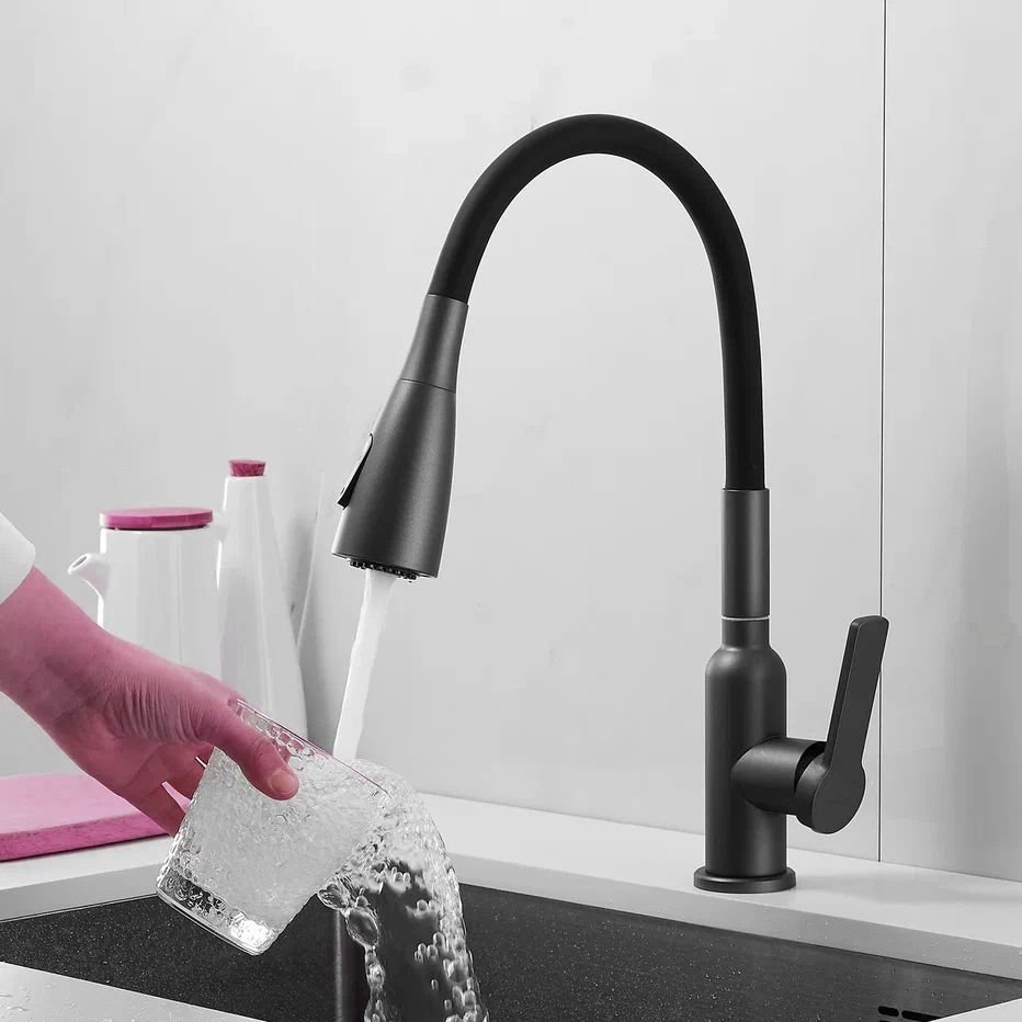 Смеситель для кухни с гибким изливом Shevanik (Шеваник) S843T-3, оружейная сталь/черный