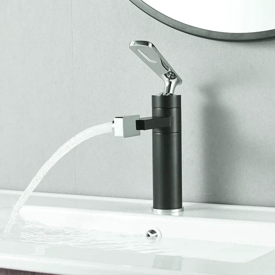 Смеситель для раковины с поворотным носиком Shevanik (Шеваник) S6601H, черный/хром