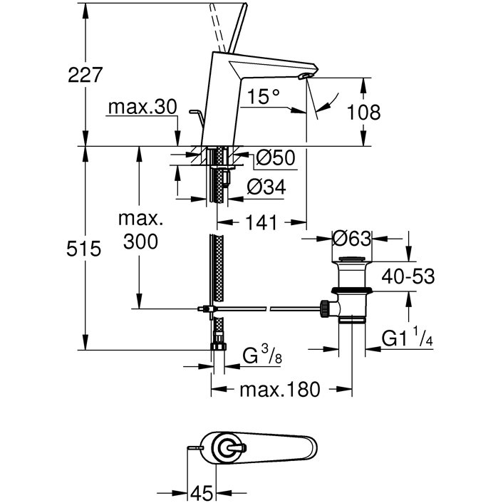 Смеситель для раковины Grohe (Гроэ) Eurodisc Joy с донным клапаном, средний излив, хром (23427000)