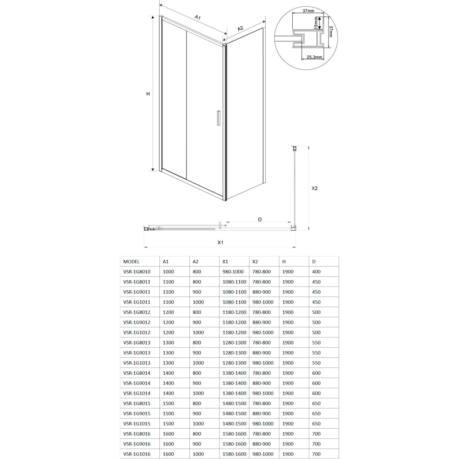 Душевой уголок Vincea (Винчея) Garda 1200х900 мм (габариты площадки) черный стекло шиншилла VSR-1G9012CHB