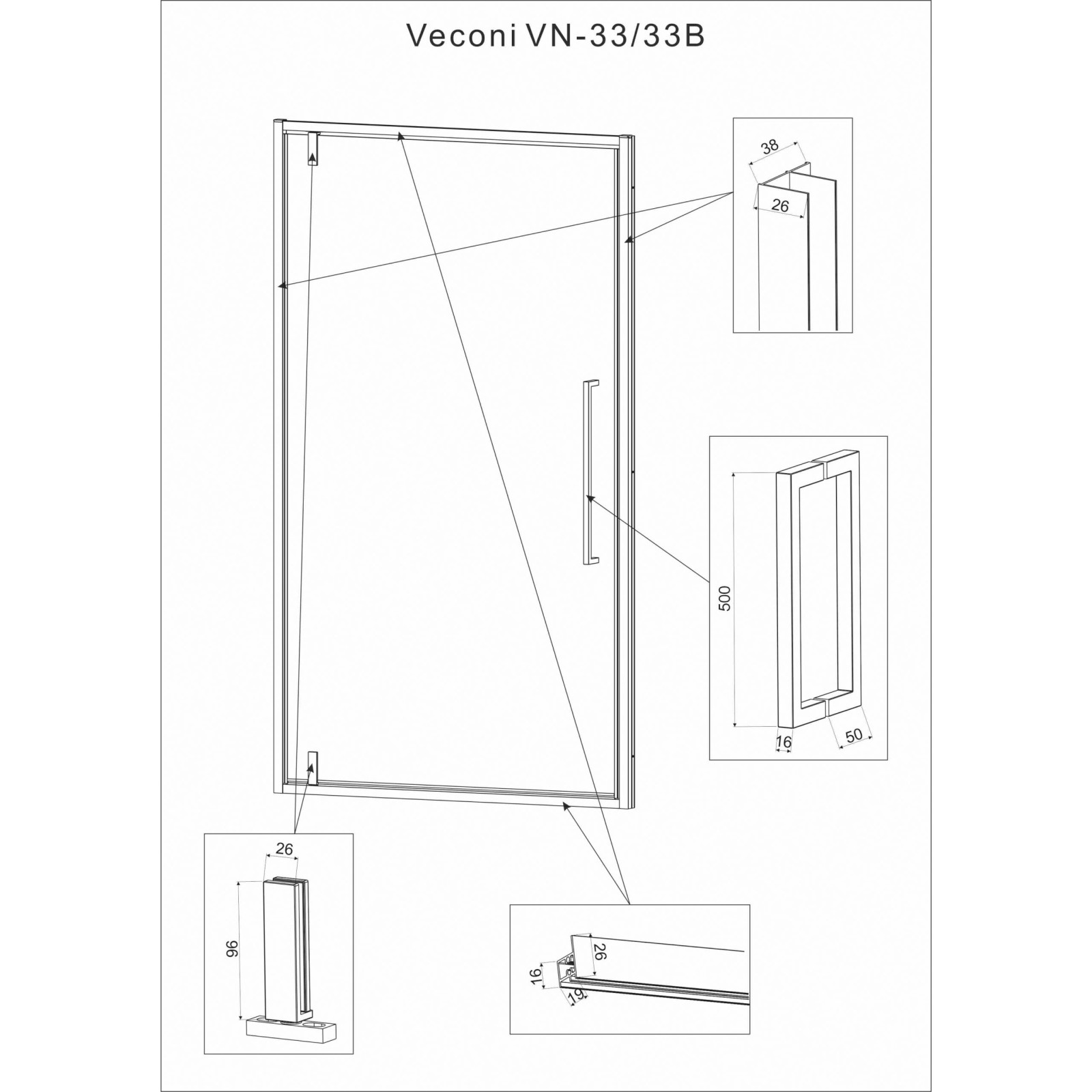 душевая дверь Veconi VN33-90-01-C7 900х1950 мм профиль хром, стекло прозрачное