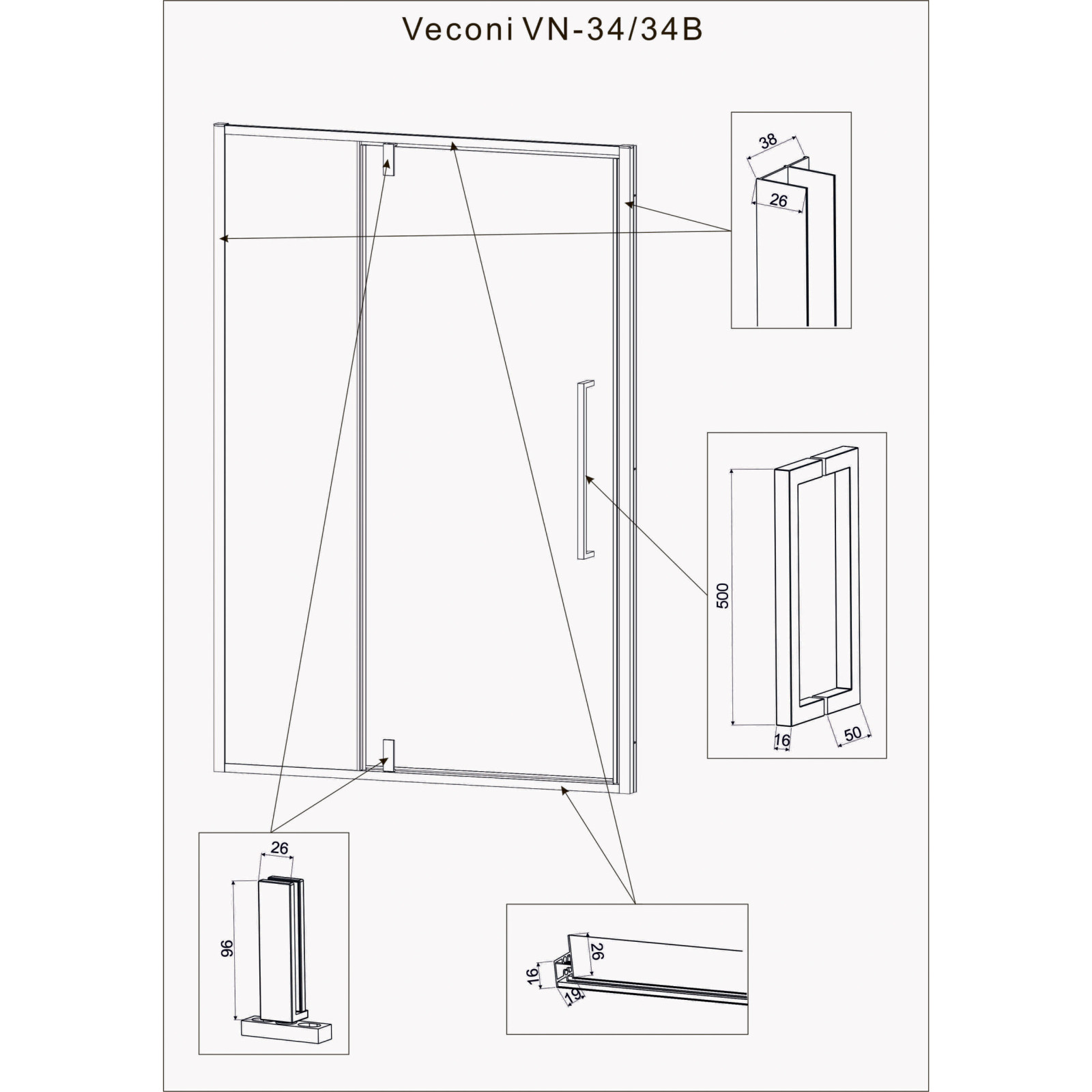душевая дверь Veconi VN34-120-01-C7 1200х1950 мм профиль хром, стекло прозрачное