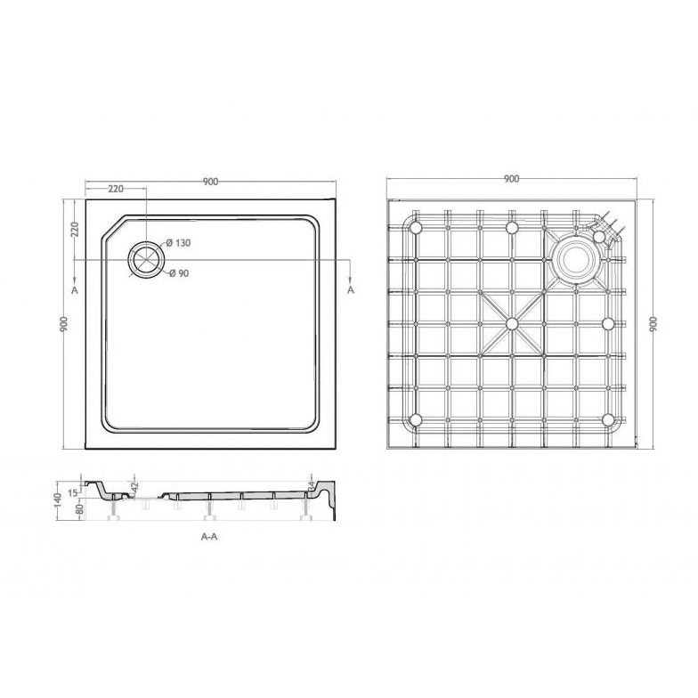 Душевой поддон Cezares (Цезарис) Tray-SMC-A-90-550-150-W с сифоном, квадратный, цвет белый 90х90х15 см