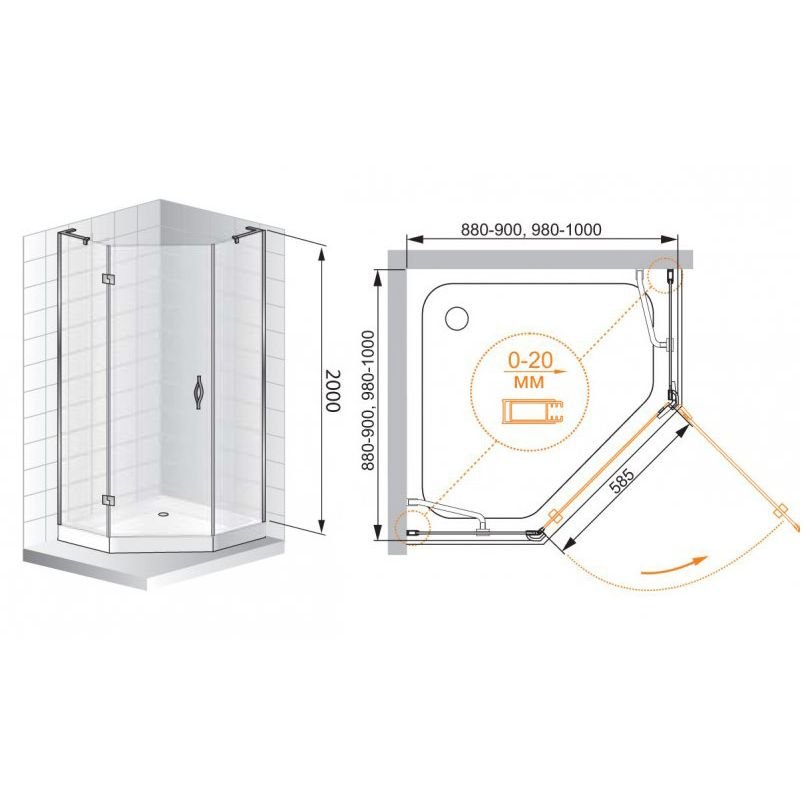 Душевой уголок Cezares (Цезарис) BERGAMO-W-P-1-100-C-Cr-R-IV , цвет профиля хром, стекло прозрачное 6 мм 100х200х100 см
