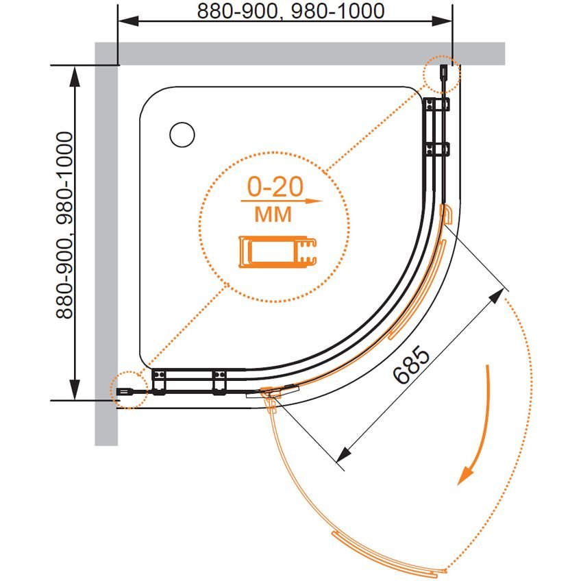 Душевой уголок Cezares (Цезарис) BERGAMO-W-R-1-100-ARCO-C-Cr-R-IV , цвет профиля хром, стекло прозрачное 6 мм 100х200х100 см