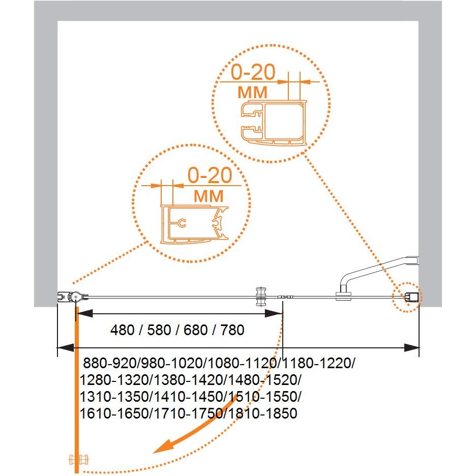 Душевая дверь Cezares (Цезарис) ELENA-W-B-11-30+90-P-Cr-L, цвет профиля хром, стекло матовое 6 мм 195х120 см