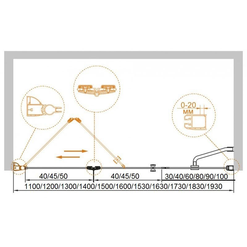 Душевая дверь Cezares (Цезарис) ELENA-W-BS-13-30+45/45-C-Cr, цвет профиля хром, стекло прозрачное 6 мм 195х120 см