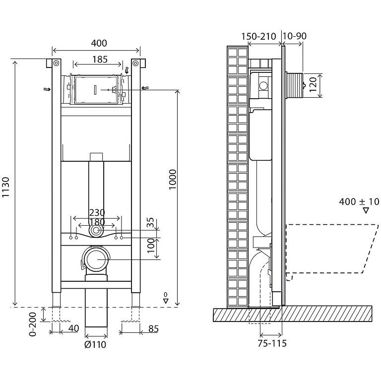 Инсталляция BelBagno (Бельбагно) Expert 40 для подвесного унитаза, со смывным бачком скрытого монтажа, фронтальное/горизонтальное управление