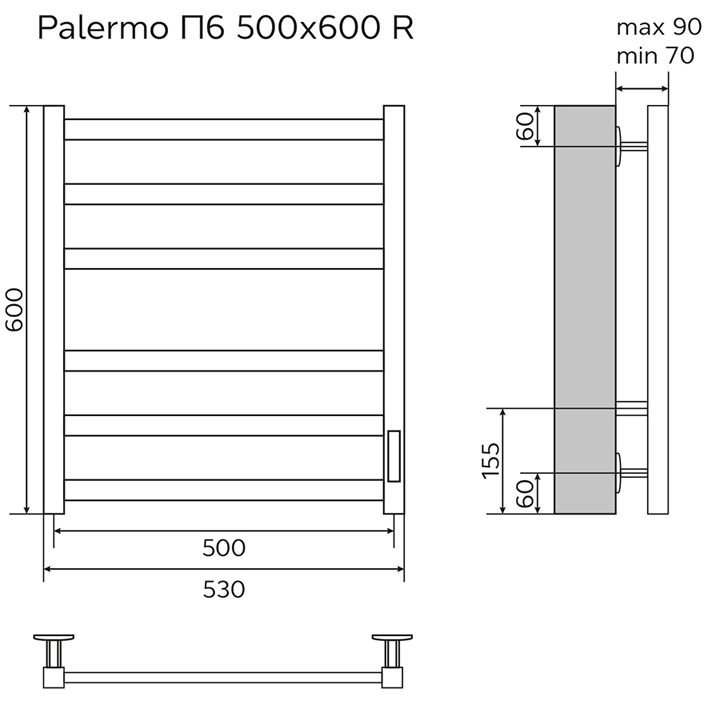 Полотенцесушитель электрический Azario Palermo AZ83856B черный, 6 секций 600х530 мм