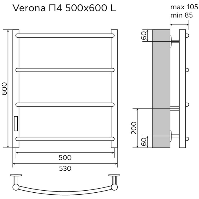 Полотенцесушитель электрический Azario Verona AZ04756 хром, 4 секции 600х530 мм