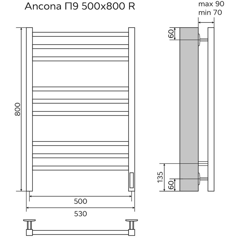 Полотенцесушитель электрический Azario Ancona AZ71858B черный, 9 секций 800х530 мм