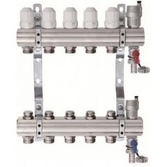 Коллекторная группа Tim (Тим) с настроечными и термостатическими клапанами, дренажными кранами и авто-воздухоотводчиками 1″, 5 хода, латунь (KB005)