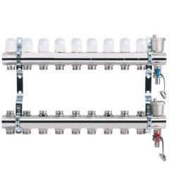 Коллекторная группа Tim (Тим) с настроечными и термостатическими клапанами, дренажными кранами и авто-воздухоотводчиками 1″, 9 хода, латунь (KB009)