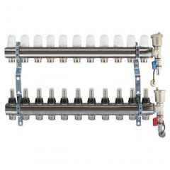 Коллекторная группа Tim (Тим) с настроечными и термостатическими клапанами, дренажными кранами и авто-воздухоотводчиками 1″, 11 хода, латунь (KB011)