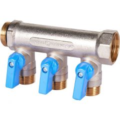 Коллектор Stout с шаровыми кранами 3/4, 3 отвода 1/2 синие ручки (SMB 6211 341203)