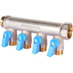 Коллектор Stout с шаровыми кранами 3/4, 4 отвода 1/2 синие ручки (SMB 6211 341204)