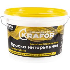 Краска интерьерная водно-дисперсионная латексная Krafor для помещений с повышенной влажностью влагостойкая белая 3 кг