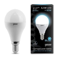 Лампа светодиодная Gauss 105101207 E14 -цоколь, G45/P45 -колба, 6.5 Вт, шар, нейтральный, 4100 K, 550 Лм