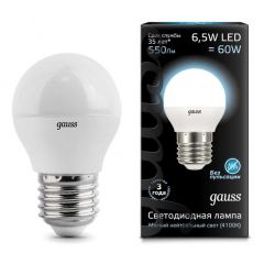 Лампа светодиодная Gauss 105102207 E27 -цоколь, G45/P45 -колба, 6.5 Вт, шар, нейтральный белый, 4100 K, 550 Лм