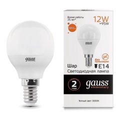 Лампа светодиодная Gauss (Гаусс) 53112 E14 -цоколь, G45/P45 -колба, 12 Вт, шар, теплый белый, 3000 K, 880 Лм