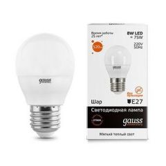 Лампа светодиодная Gauss 53218 E27 -цоколь, G45/P45 -колба, 8 Вт, шар, теплый, 2700 K, 520 Лм