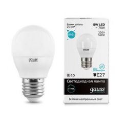 Лампа светодиодная Gauss 53228 E27 -цоколь, G45/P45 -колба, 8 Вт, шар, нейтральный, 4100 K, 540 Лм