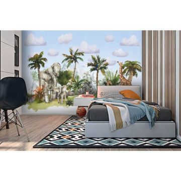 Обои виниловые на флизелине Design Studio 3D (Дизайн Студио 3Д) Животный Мир Семьи животных на фоне гор на голубом Бесшовная Фреска Гранд (NKID-020)