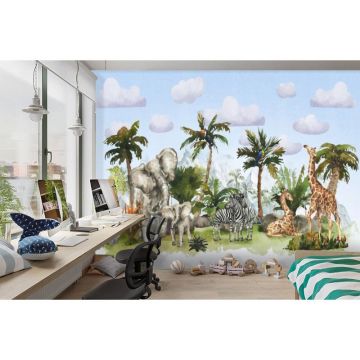 Обои виниловые на флизелине Design Studio 3D (Дизайн Студио 3Д) Животный Мир Семьи животных на фоне гор на голубом Бесшовная Фреска Ultra (NKID-020)