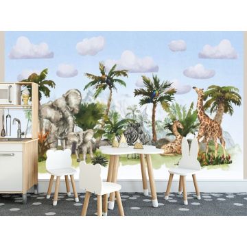 Обои виниловые на флизелине Design Studio 3D (Дизайн Студио 3Д) Животный Мир Семьи животных на фоне гор на голубом Бесшовная Фреска Ultra (NKID-020)