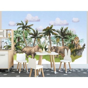 Обои виниловые на флизелине Design Studio 3D (Дизайн Студио 3Д) Животный Мир Животные на фоне гор в тропиках на голубом Канвас (NKID-021)