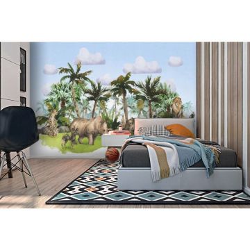 Обои виниловые на флизелине Design Studio 3D (Дизайн Студио 3Д) Животный Мир Животные на фоне гор в тропиках на голубом Бесшовная Фреска Ultra (NKID-021)