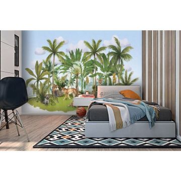 Обои виниловые на флизелине Design Studio 3D (Дизайн Студио 3Д) Животный Мир Австралийские животные среди пальм на голубом Бесшовная Фреска Гранд (NKID-022)