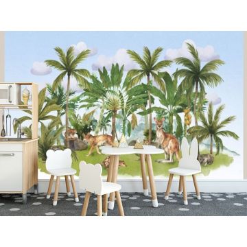 Обои виниловые на флизелине Design Studio 3D (Дизайн Студио 3Д) Животный Мир Австралийские животные среди пальм на голубом Бесшовная Фреска Classic (NKID-022)