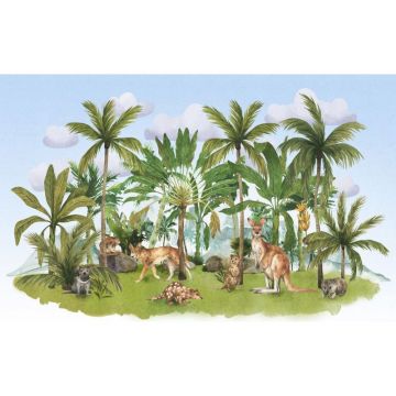 Обои виниловые на флизелине Design Studio 3D (Дизайн Студио 3Д) Животный Мир Австралийские животные среди пальм на голубом Бесшовная Фреска Ultra (NKID-022)