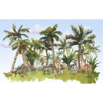 Обои виниловые на флизелине Design Studio 3D (Дизайн Студио 3Д) Животный Мир Африканские животные среди пальм на голубом Канвас (NKID-023)