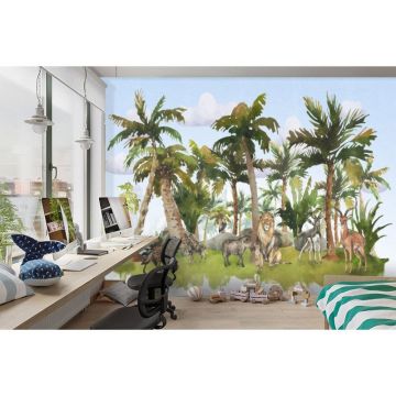 Обои виниловые на флизелине Design Studio 3D (Дизайн Студио 3Д) Животный Мир Африканские животные среди пальм на голубом Акварель (NKID-023)