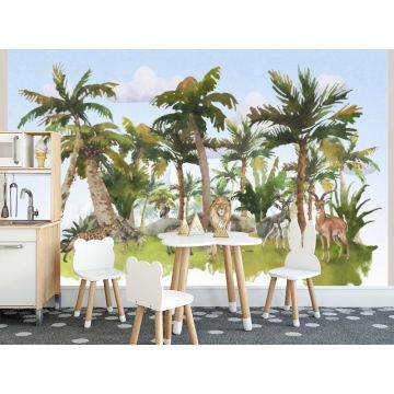 Обои виниловые на флизелине Design Studio 3D (Дизайн Студио 3Д) Животный Мир Африканские животные среди пальм на голубом Акварель (NKID-023)