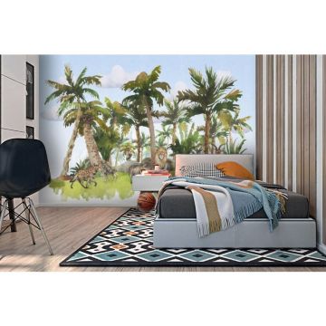 Обои виниловые на флизелине Design Studio 3D (Дизайн Студио 3Д) Животный Мир Африканские животные среди пальм на голубом Бесшовная Фреска Гранд (NKID-023)