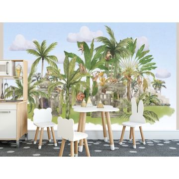 Обои виниловые на флизелине Design Studio 3D (Дизайн Студио 3Д) Животный Мир Город обезьян в тропиках на голубом Акварель (NKID-024)