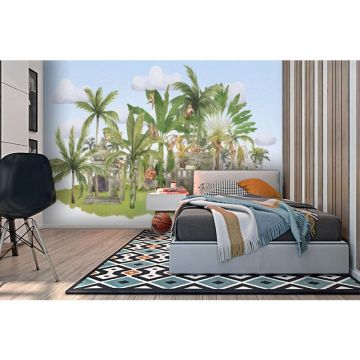 Обои виниловые на флизелине Design Studio 3D (Дизайн Студио 3Д) Животный Мир Город обезьян в тропиках на голубом Бесшовная Фреска Ultra (NKID-024)