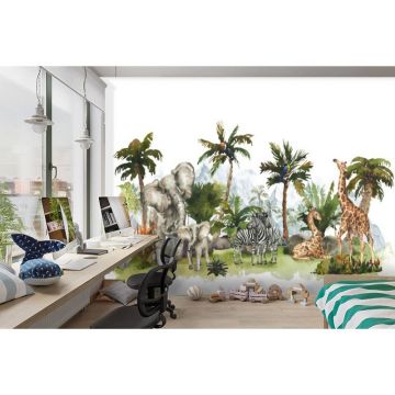 Обои виниловые на флизелине Design Studio 3D (Дизайн Студио 3Д) Животный Мир Семьи животных на фоне гор Акварель (NKID-025)