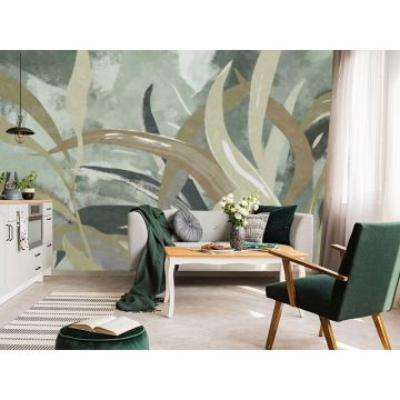 Обои виниловые на флизелине Design Studio 3D (Дизайн Студио 3Д) Avangard Дизайнерские листья на зеленом Песок (AVG-019)