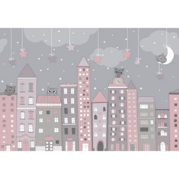 Обои виниловые на флизелине Design Studio 3D (Дизайн Студио 3Д) Детские Котята на домах в ночи Бесшовная Фреска Classic (NKID-009)