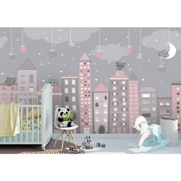 Обои виниловые на флизелине Design Studio 3D (Дизайн Студио 3Д) Детские Котята на домах в ночи Бесшовная Фреска Classic (NKID-009)