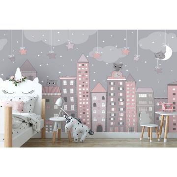 Обои виниловые на флизелине Design Studio 3D (Дизайн Студио 3Д) Детские Котята на домах в ночи Бесшовная Фреска Classic (NKID-009)