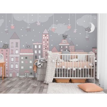 Обои виниловые на флизелине Design Studio 3D (Дизайн Студио 3Д) Детские Котята на домах в ночи Бесшовная Фреска Ultra (NKID-009)